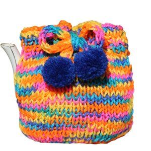 Multicolor Knit Tea Cozy With Pom Poms, Handmade